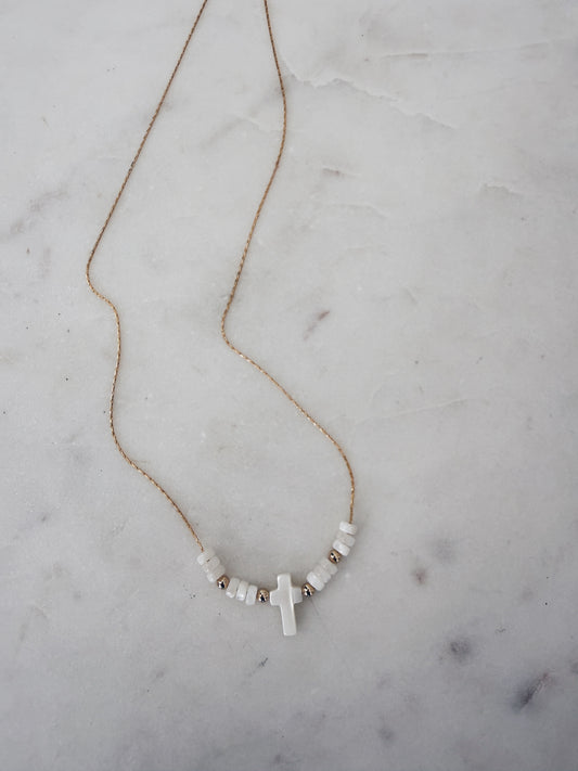 14k Gold Filled Dainty Silk Chain Necklace w/Shell Pearl Cross and Beads