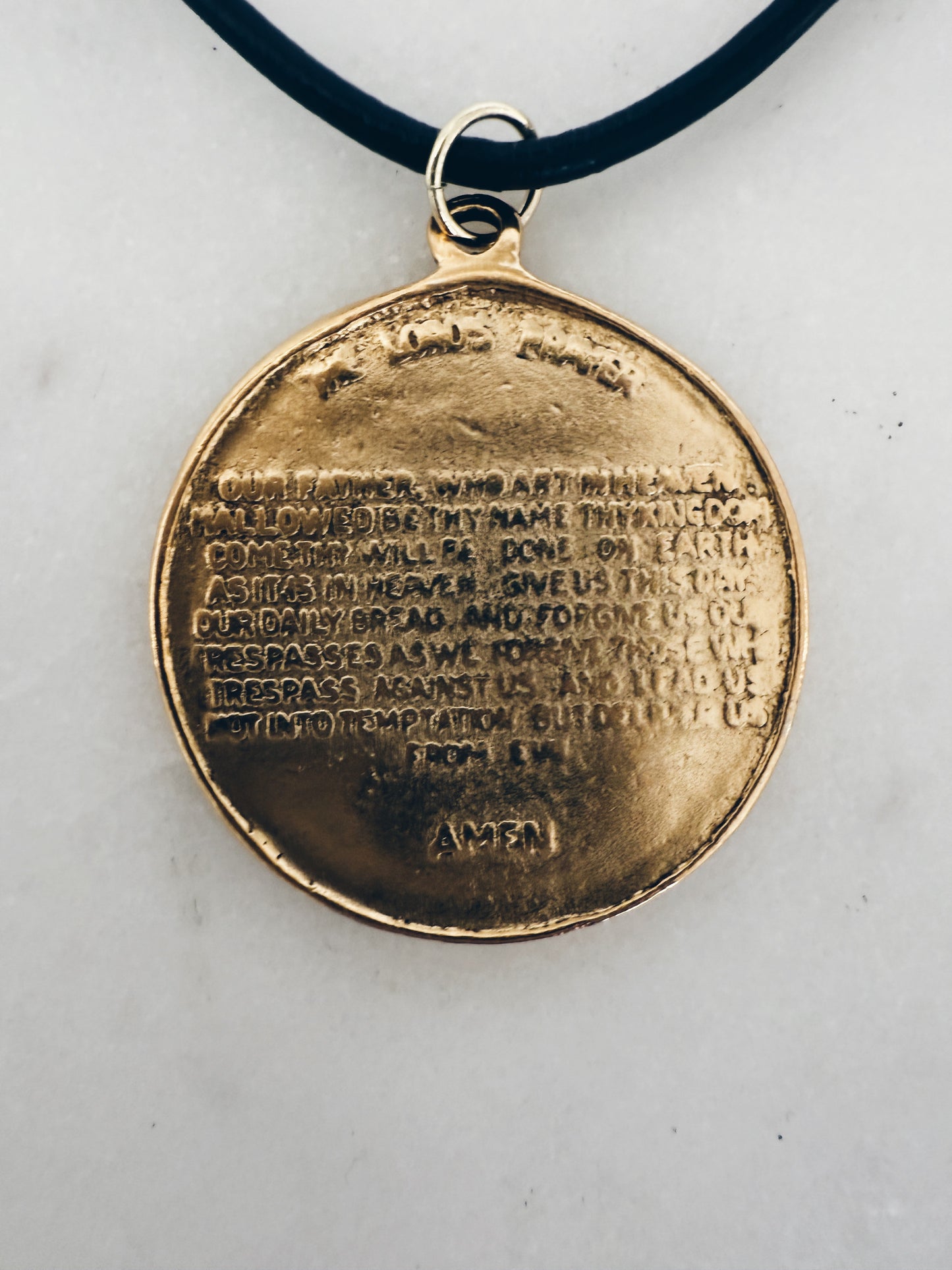 Espresso Leather Cord Choker Gold Cross/Lord's Prayer Medallion