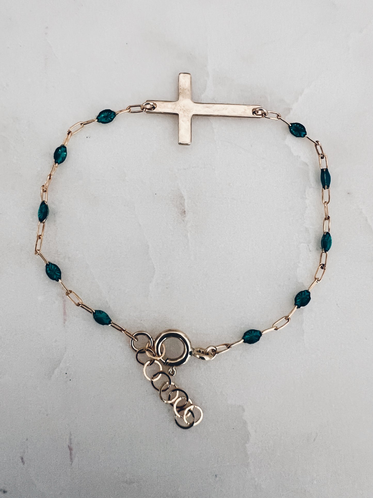 14k Gold Filled Cross & Aqua Marine Crystal Bracelet