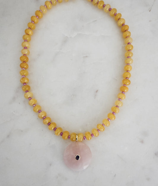 Yellow Jade & Rose Quartz Gemstone Pendant Necklace | Coastal Gem Collection
