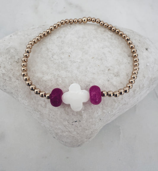 14k Gold Filled Beaded Gemstone and MOP Clover Bracelet