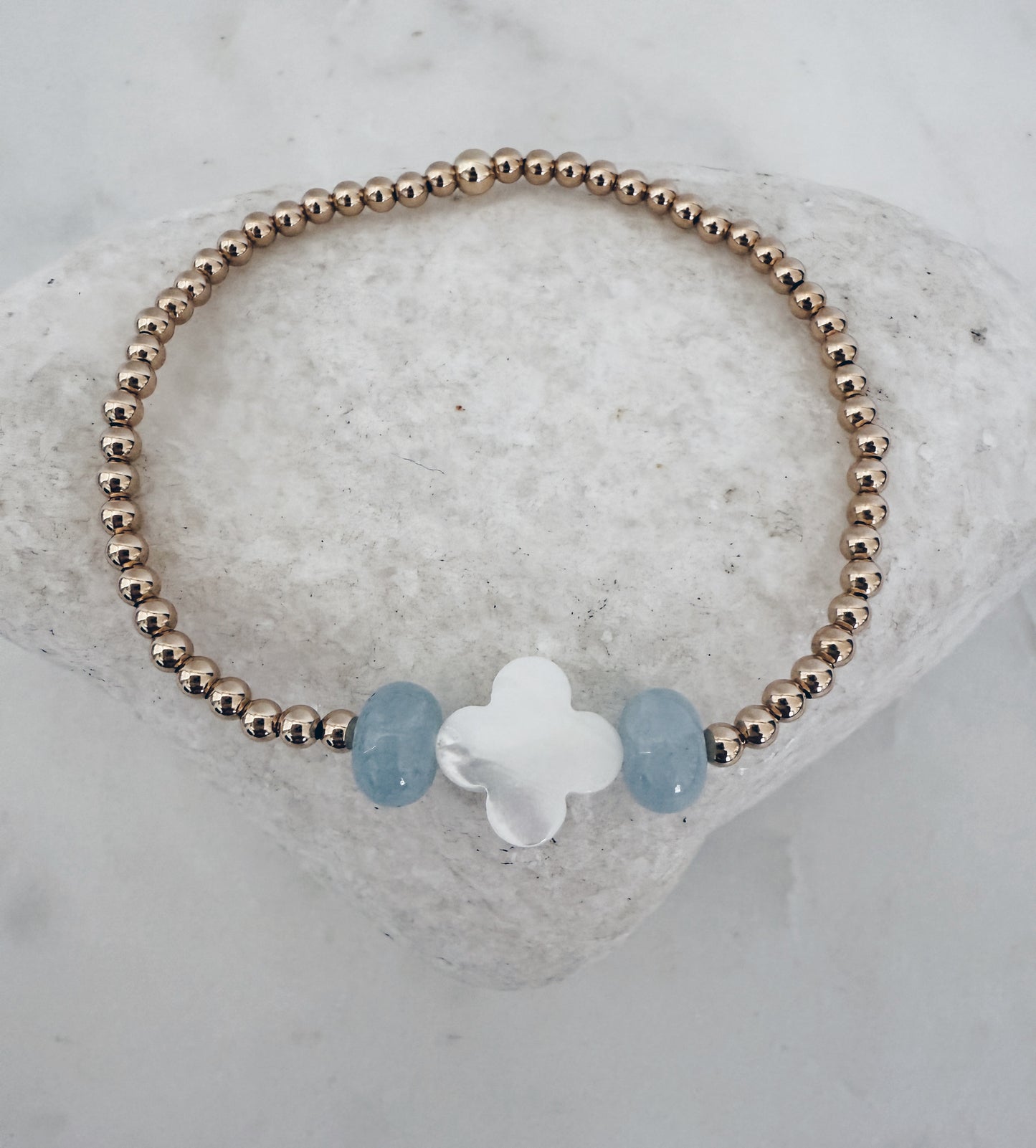 14k Gold Filled Beaded Gemstone and MOP Clover Bracelet
