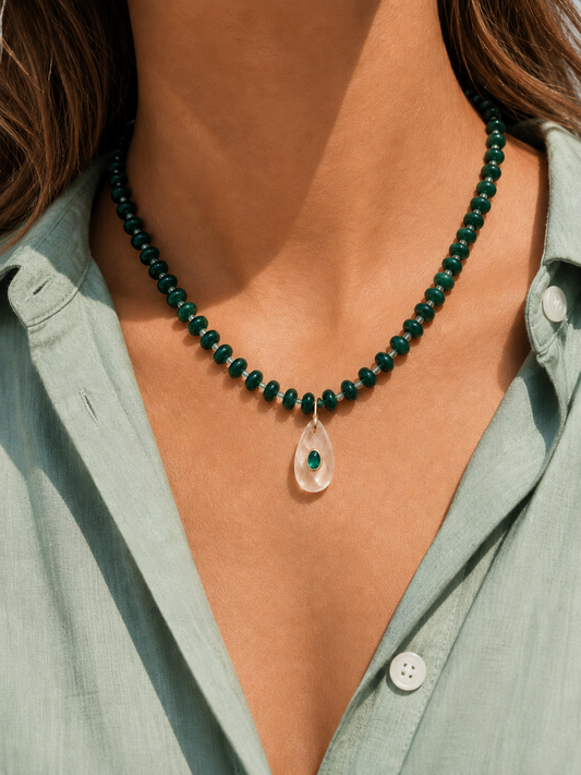 Emerald Jade & Clear Quartz Gemstone Pendant Necklace | Coastal Gem Collection