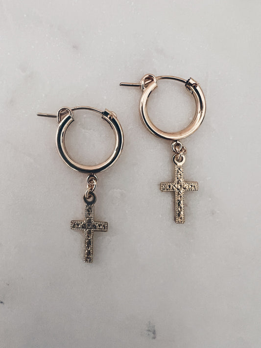 14 Gold Filled Mini Cross Huggie Hoops