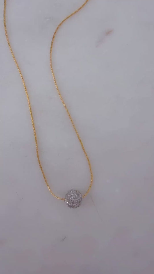 14k Gold Filled Dainty Silk Chain Necklace w/Sterling Silver Pave Bead