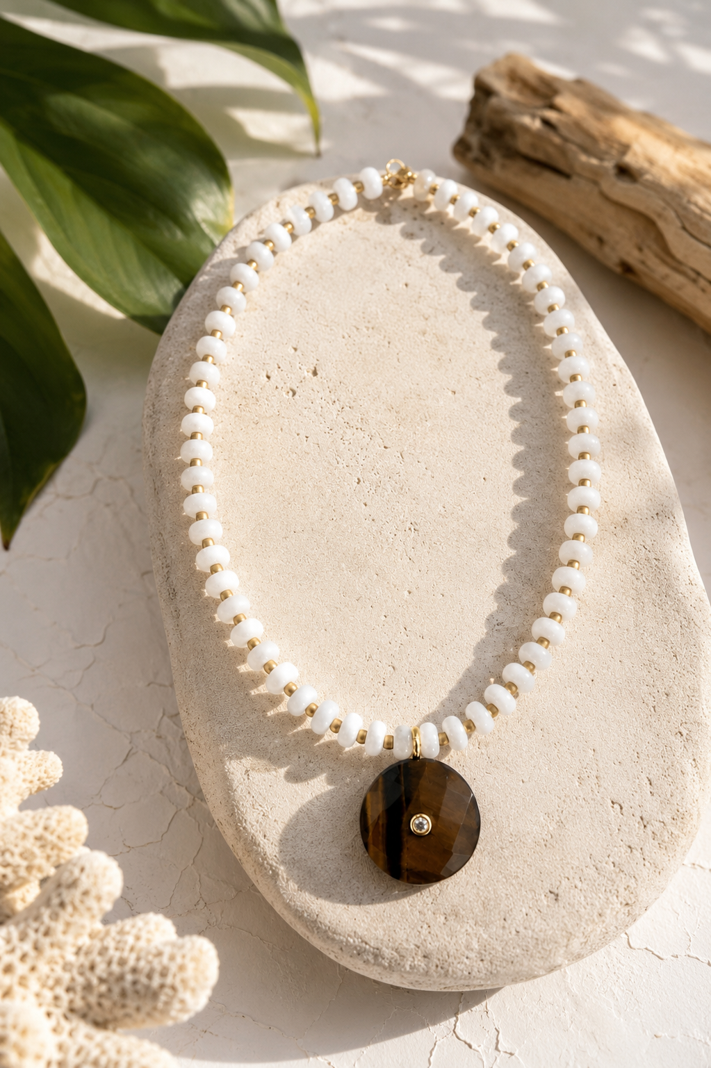 White Jade & Tiger's Eye Gemstone Pendant Necklace | Coastal Gem Collection