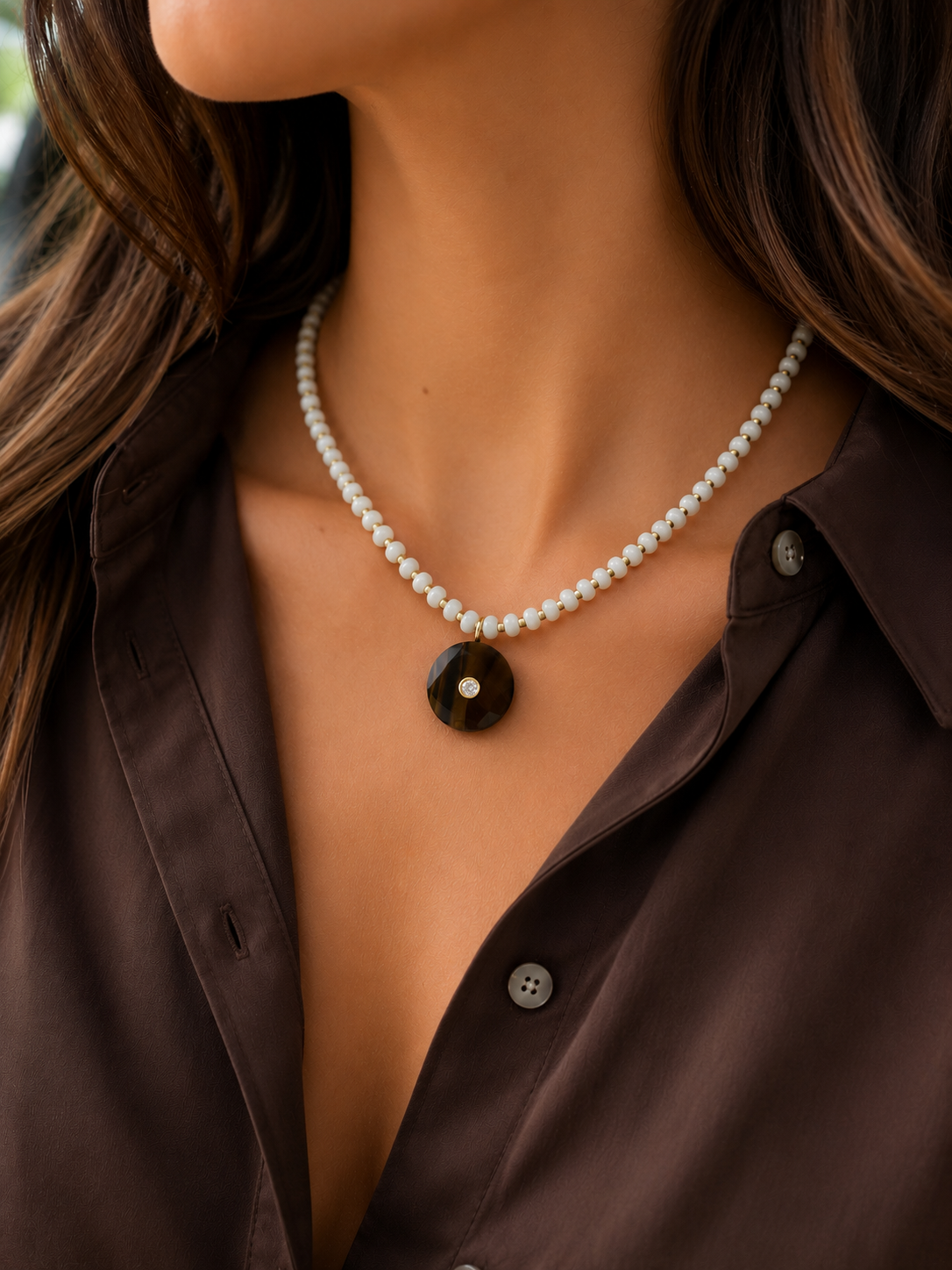 White Jade & Tiger's Eye Gemstone Pendant Necklace | Coastal Gem Collection