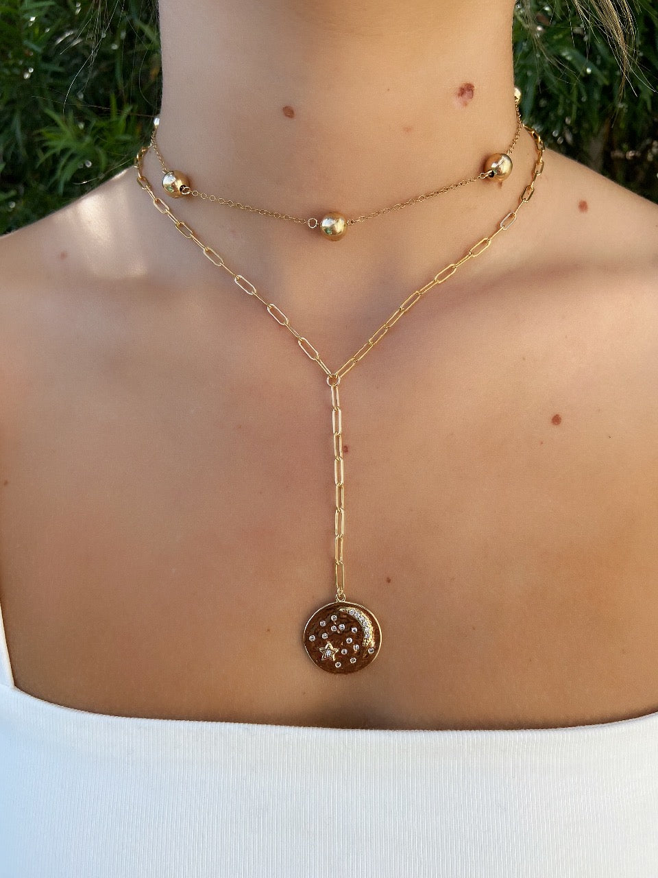 CZ Moon & Stars Coin Y Necklace