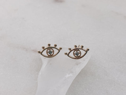14k Gold Evil Eye Diamond Stud Earrings