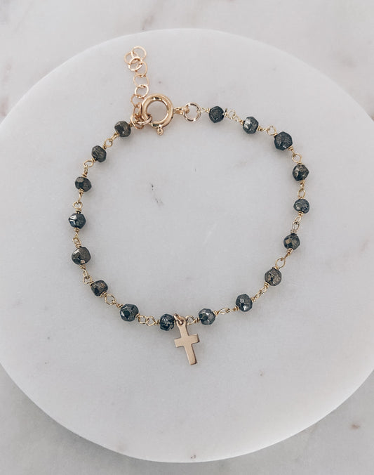 Pyrite Rosary Cross Bracelet