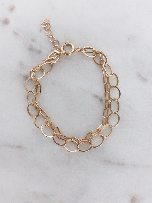 14k Gold Filled Link & Flat Oval Chain Layered Bracelet