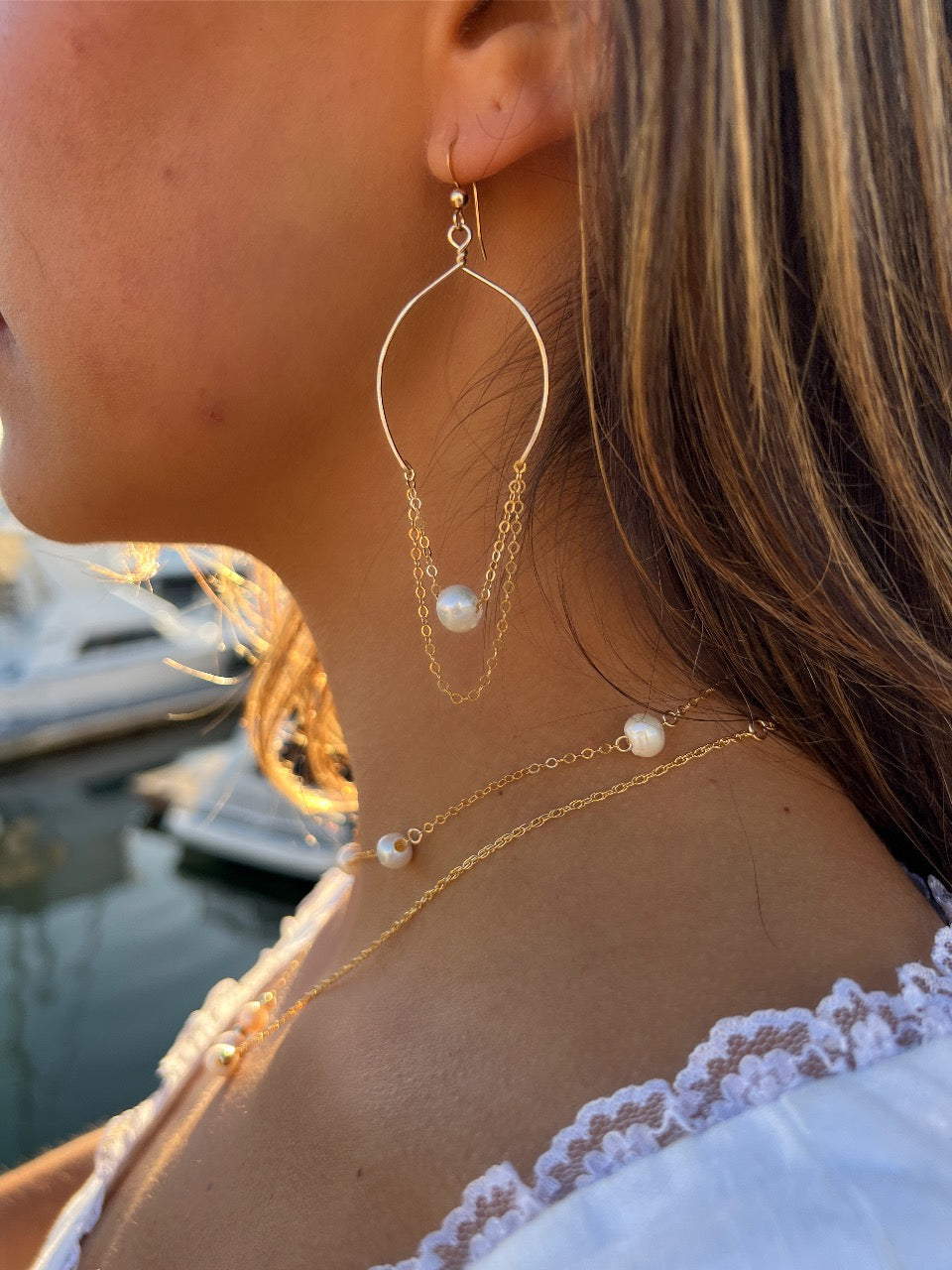 14k Gold Filled Arch Pearl & Chain Earrings + More Options