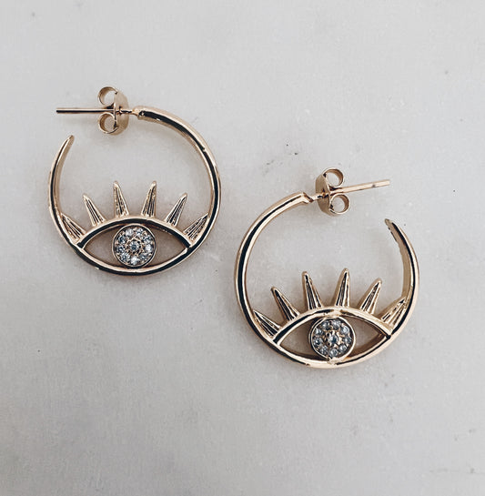 Gold and CZ Evil Eye Hoops